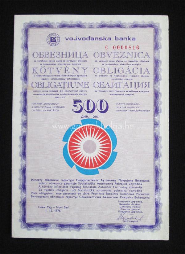 Vajdasági Bank kötvény 500 dinar 1976 Újvidék (SRB)